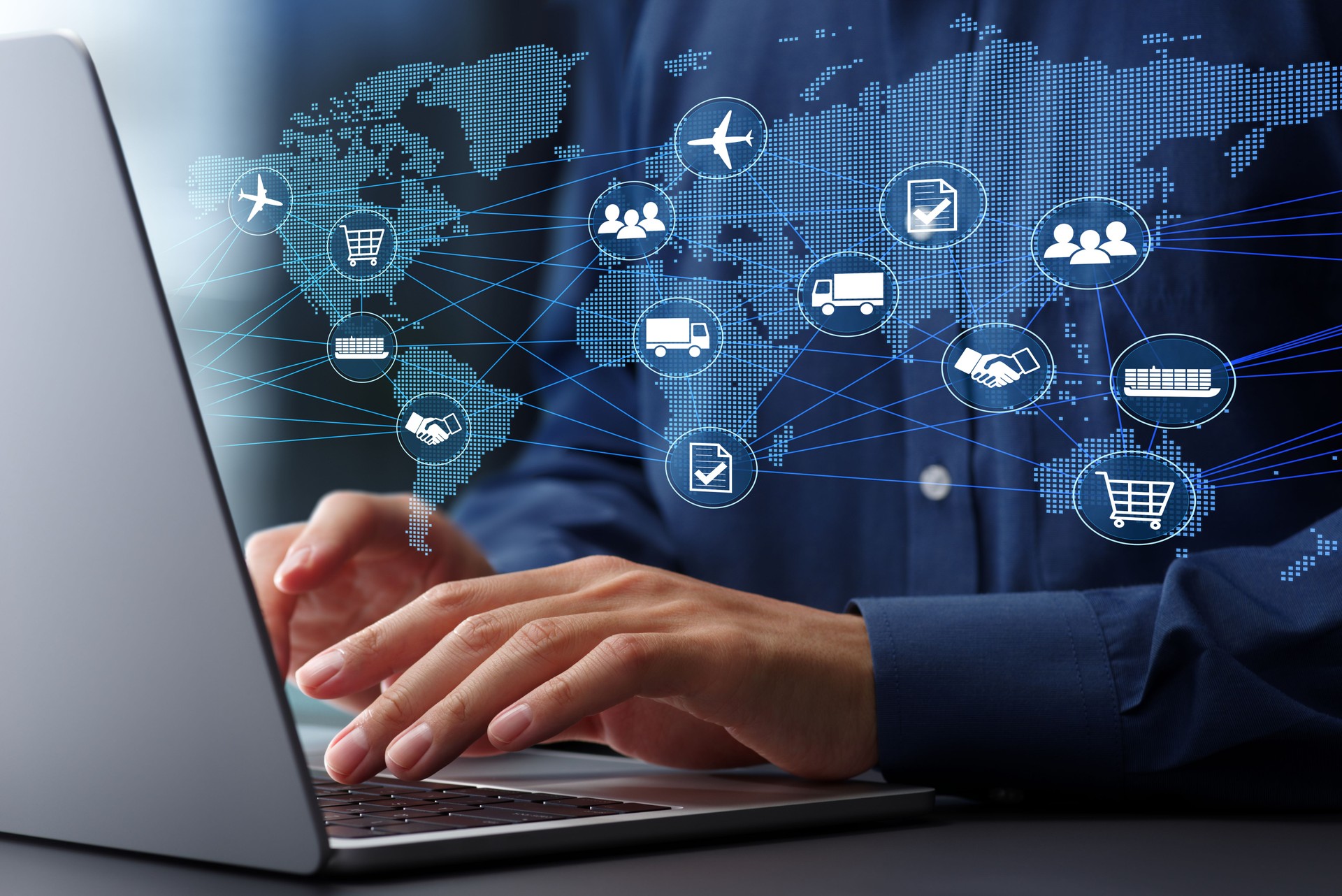 Cross-border and international business strategy. Digital globalization and international trade. Businessman using laptop computer to manage global business.